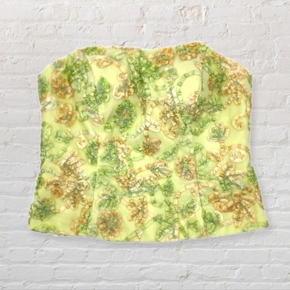 AusM Vintage Green Foral Beaded Bodice Corset Top - Picture 1 of 16